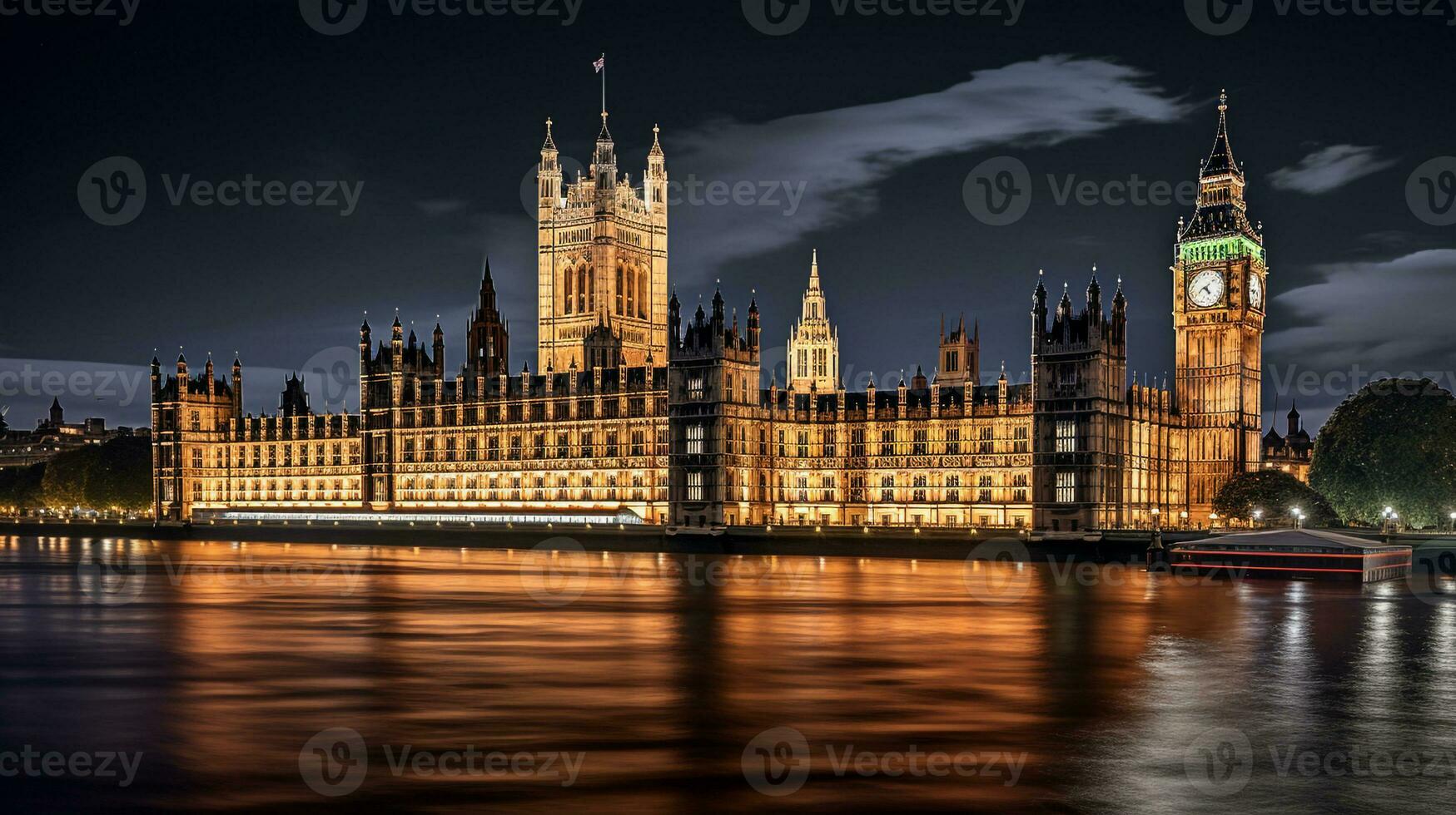Night view of Palace of Westminster. Generative AI photo