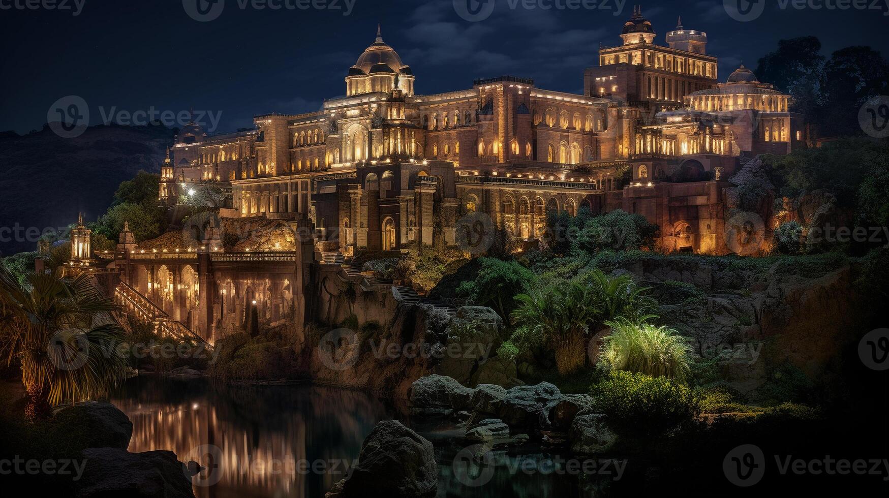 Night view of Palace of the Lost City. Generative AI photo