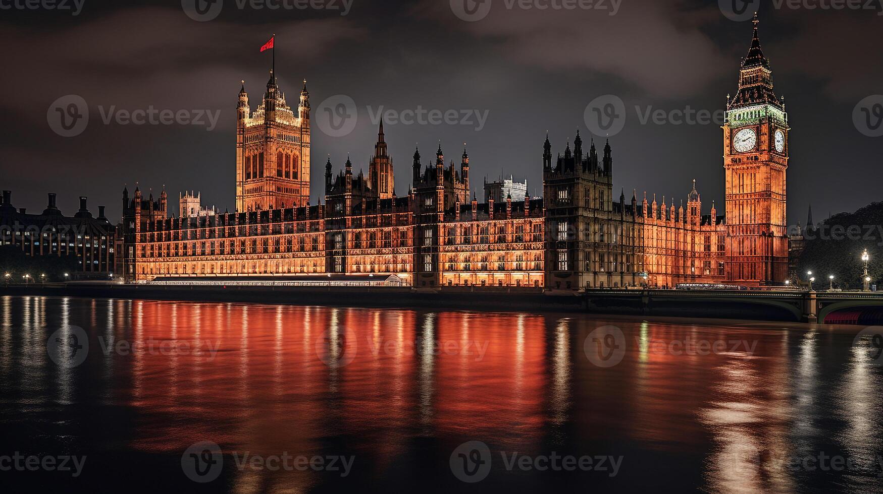 Night view of Palace of Westminster. Generative AI photo