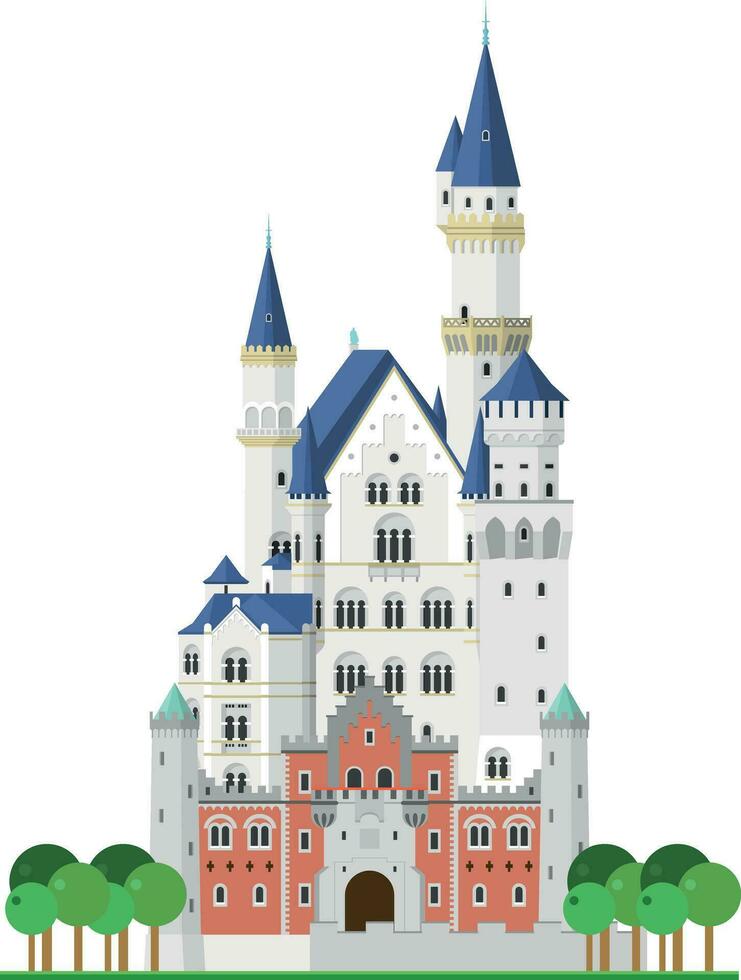 Neuschwanstein Castle, Bavaria, Germany. Isolated on white background vector illustration.