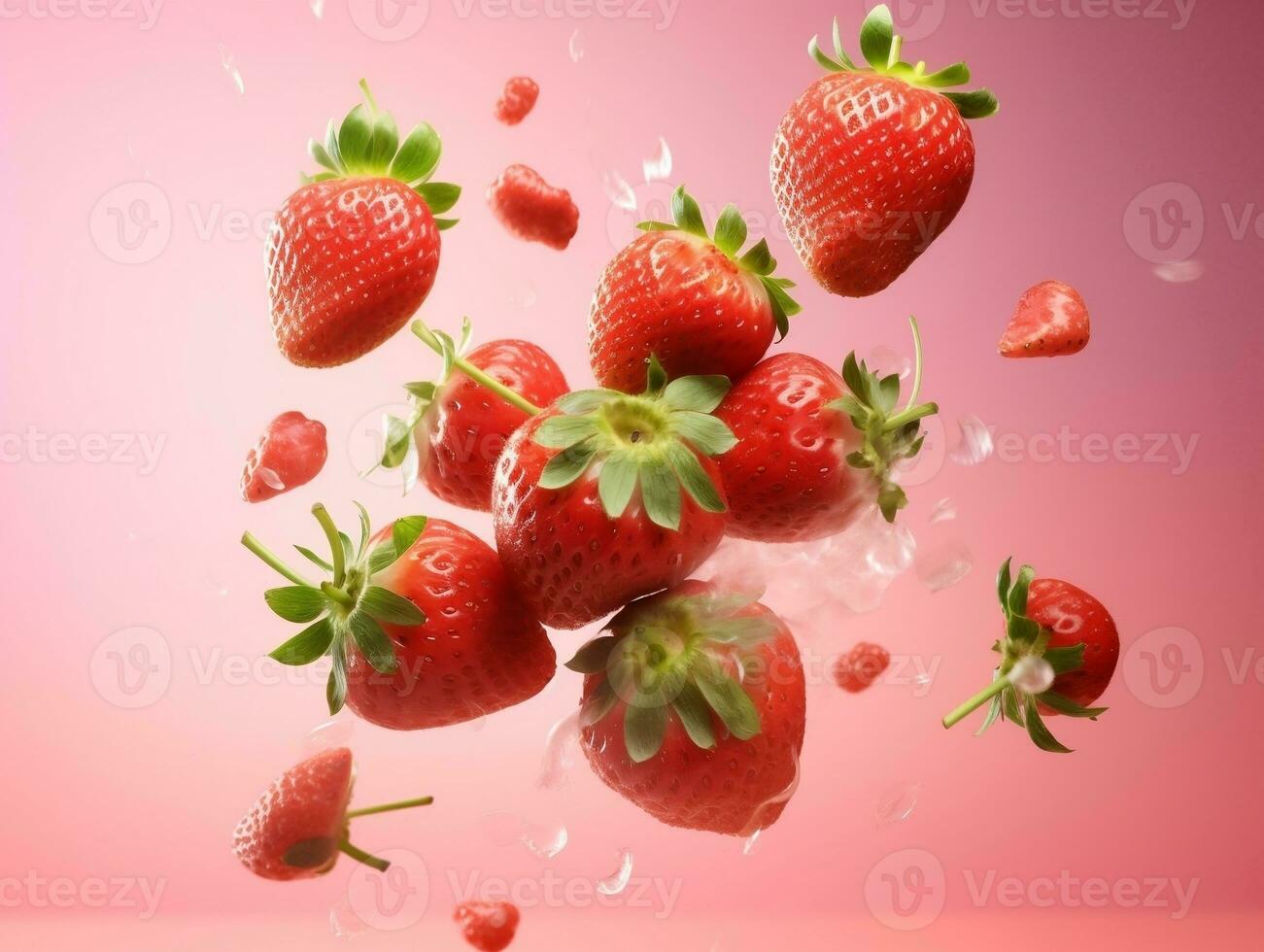Strawberries flying on a pink background AI Generative photo