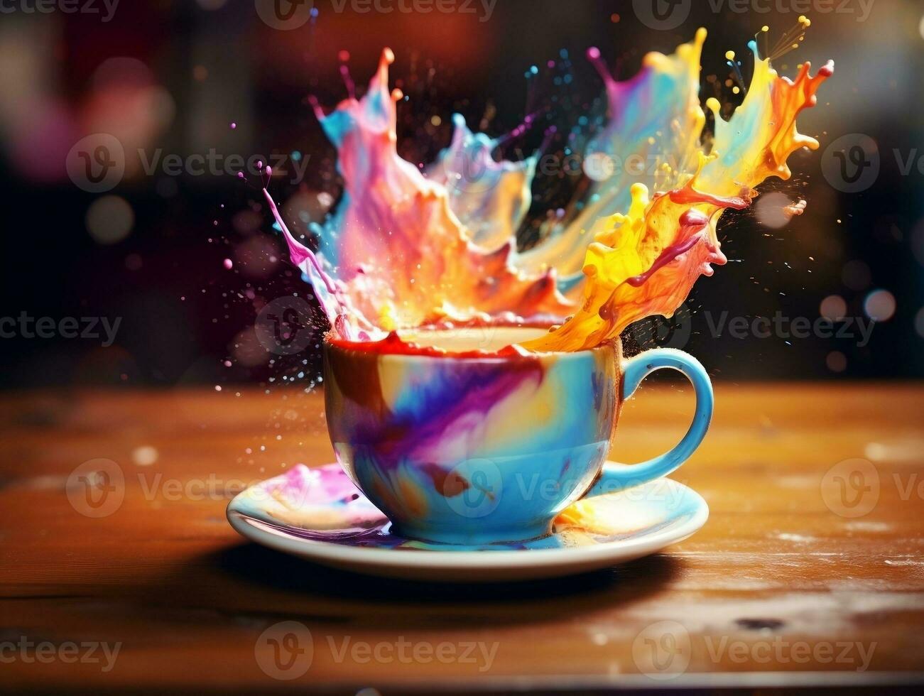 Colorful splashed in coffee cup sitting on table AI Generative photo