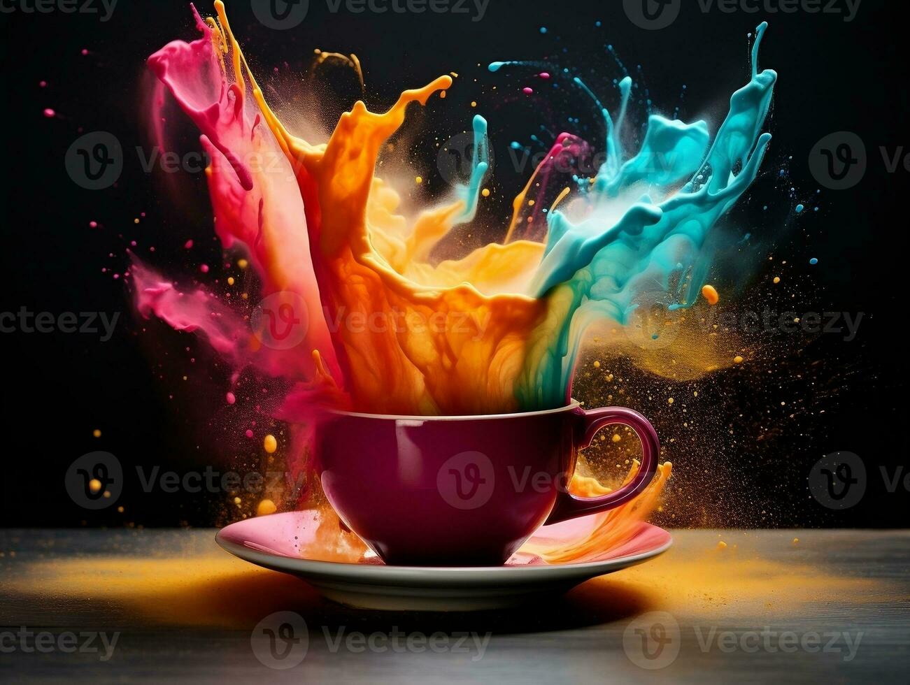 Colorful splashed in coffee cup sitting on table AI Generative photo