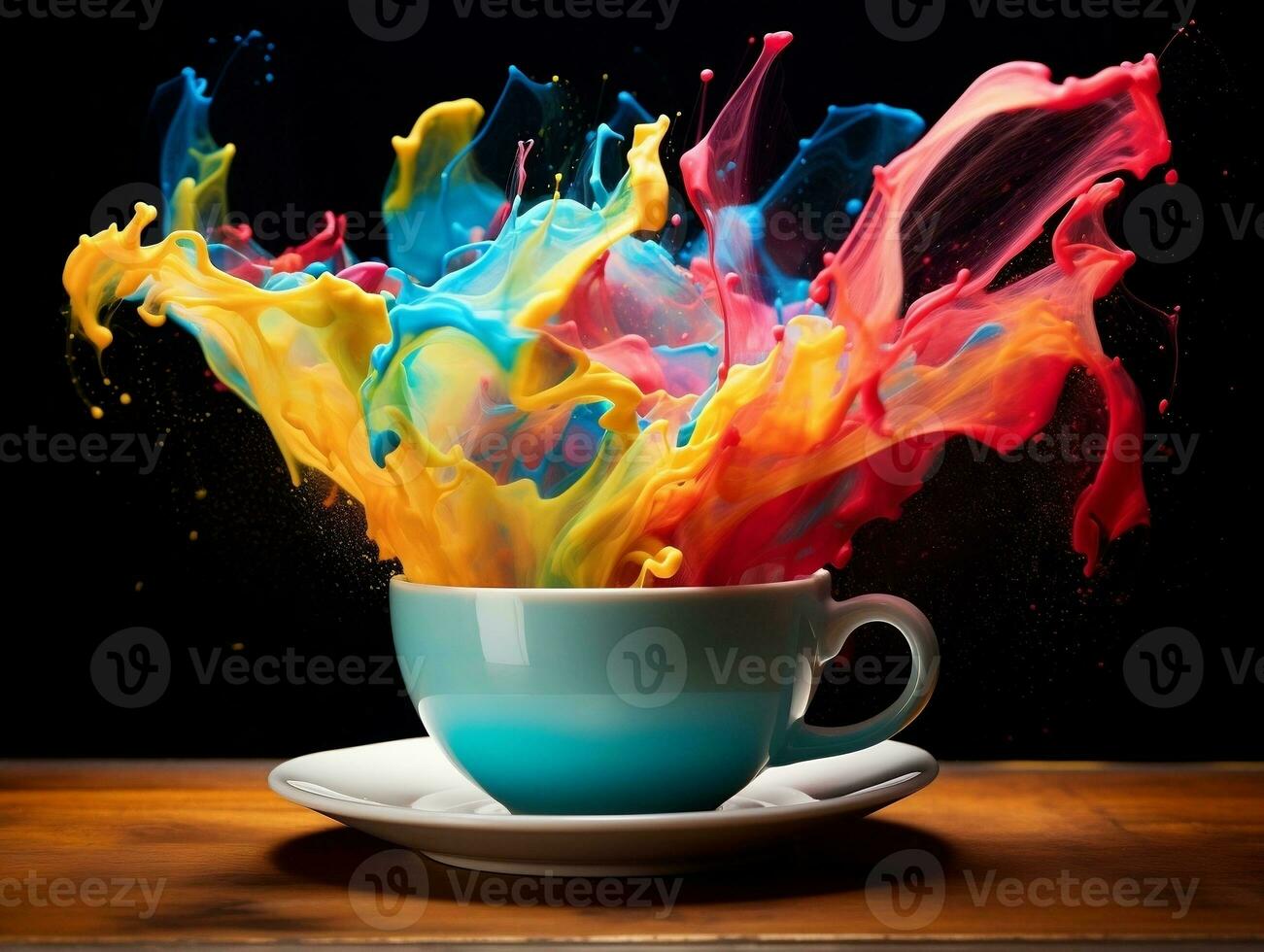 Colorful splashed in coffee cup sitting on table AI Generative photo
