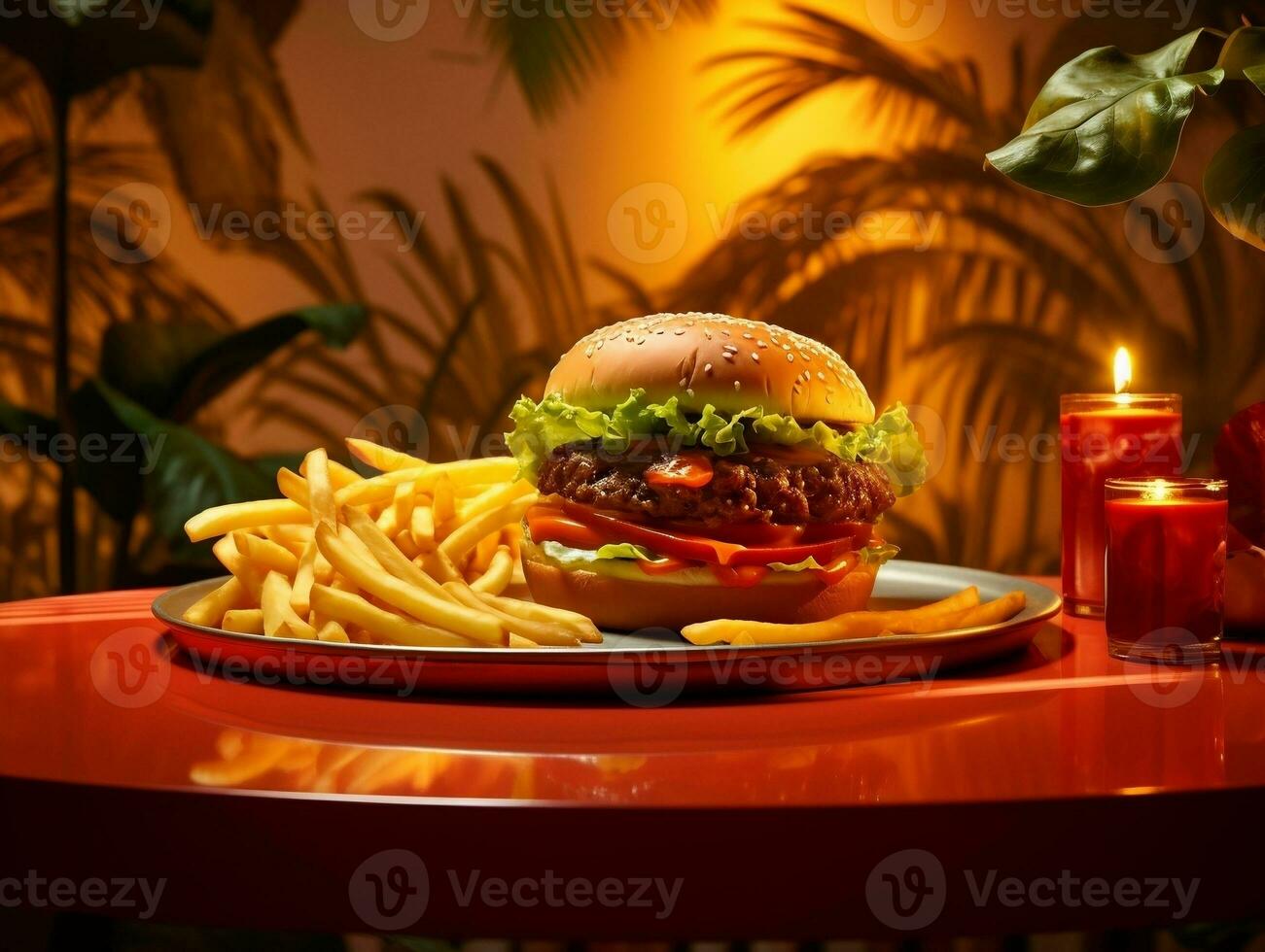 Juicy burger on hot plate with fries and tomato sauce AI Generative photo
