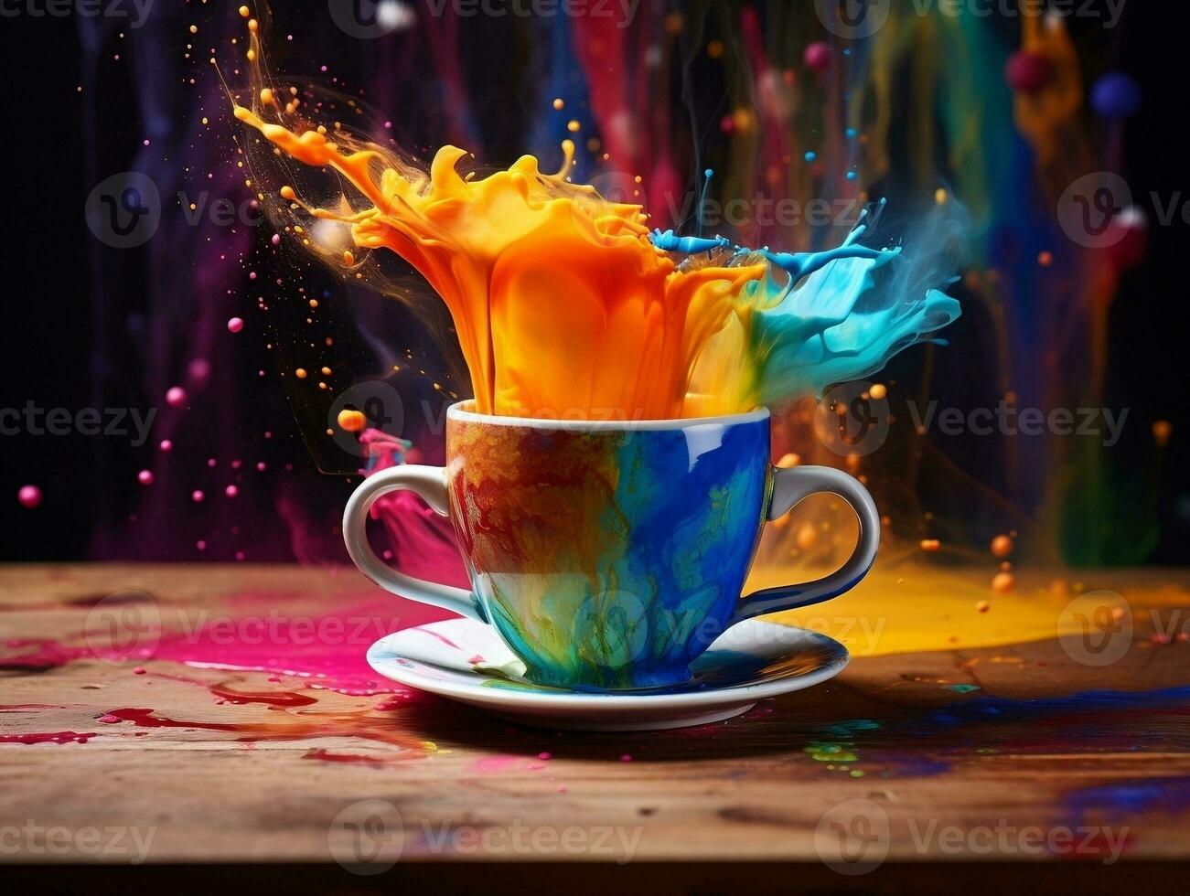 Colorful splashed in coffee cup sitting on table AI Generative photo