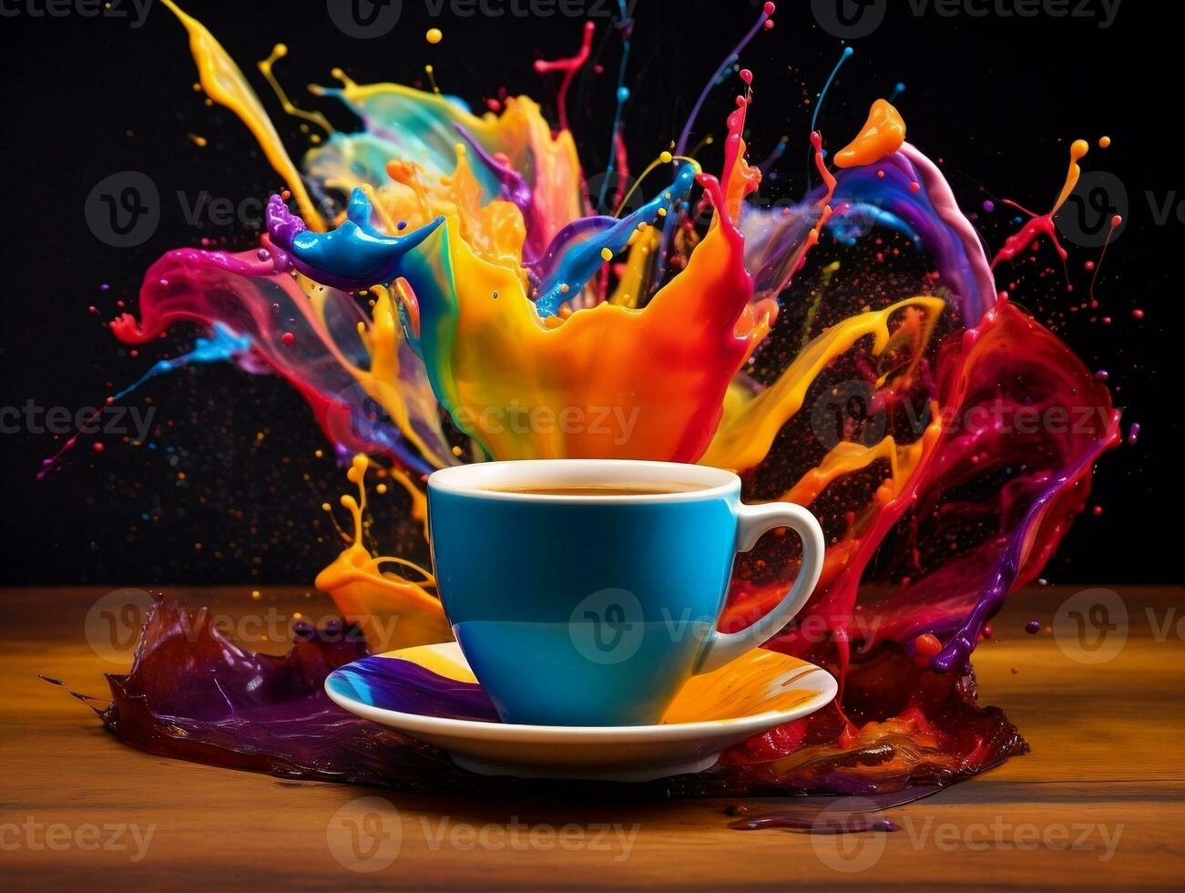 Colorful splashed in coffee cup sitting on table AI Generative photo
