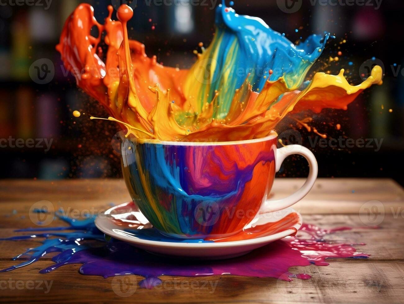 Colorful splashed in coffee cup sitting on table AI Generative photo