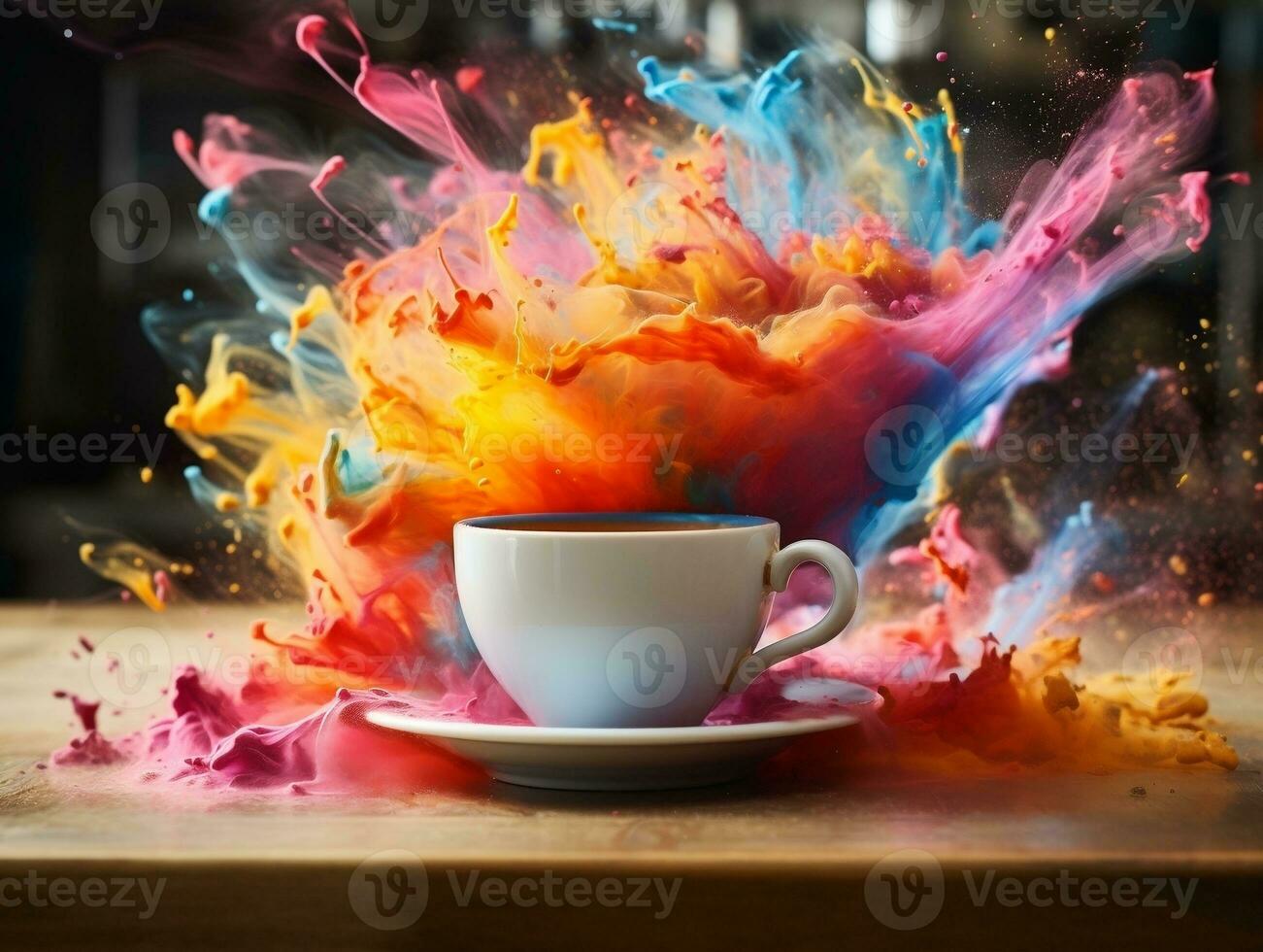 Colorful splashed in coffee cup sitting on table AI Generative photo