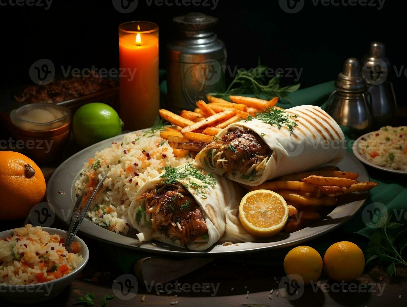 Chicken burrito with sauce and fries on a plate AI Generative photo