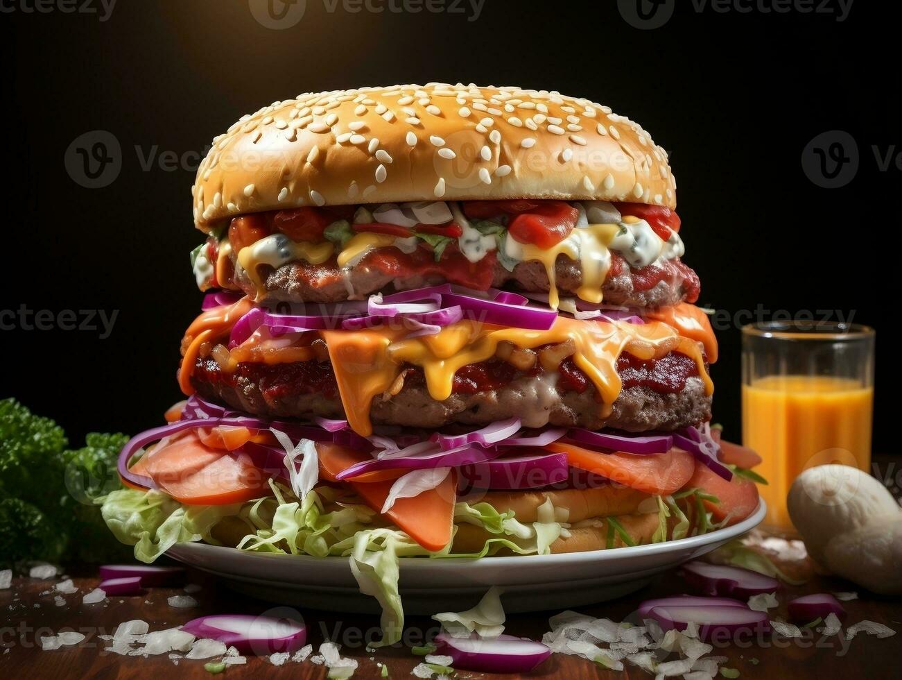 Large burger with large cheese and onion AI Generative photo