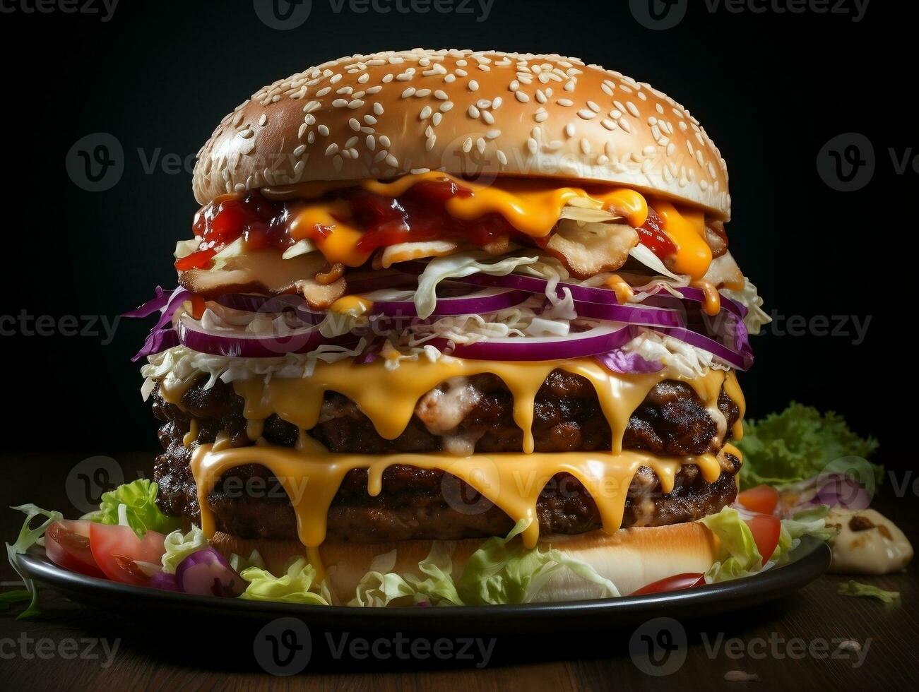 Large burger with large cheese and onion AI Generative photo