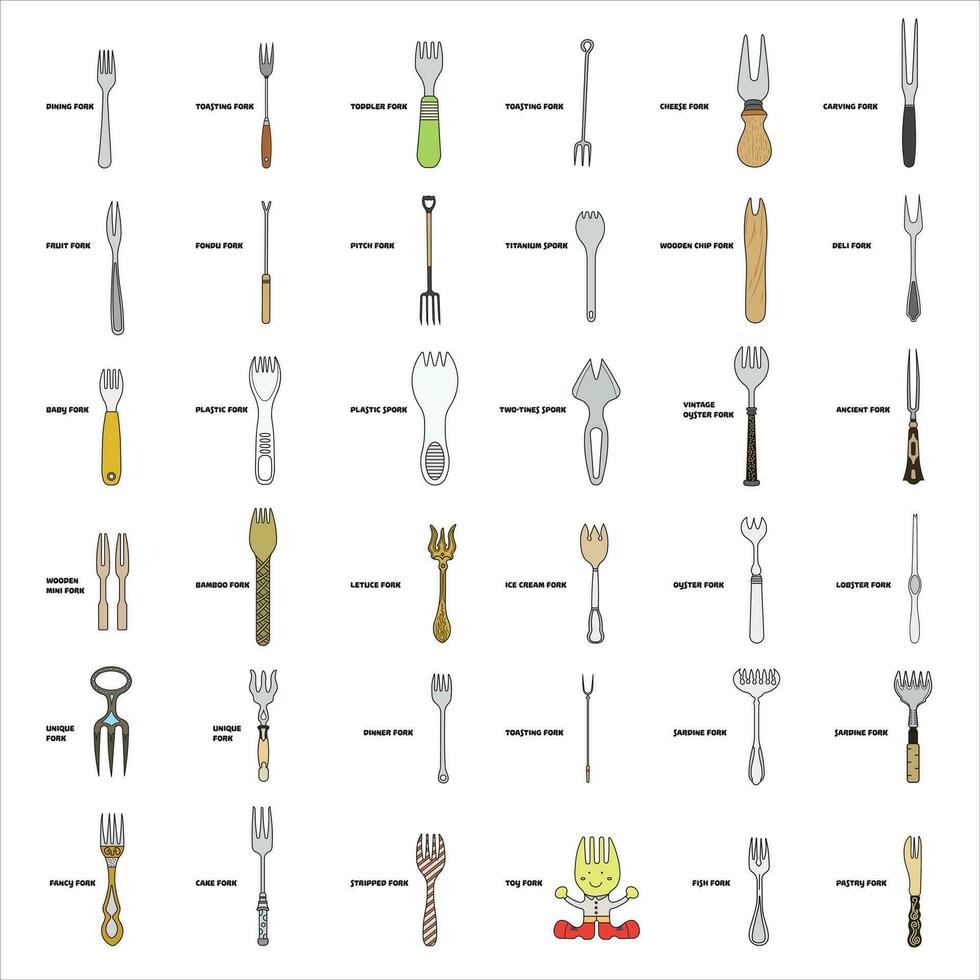 Kids drawing Cartoon Vector illustration Set Different Types Forks Isolated in doodle style