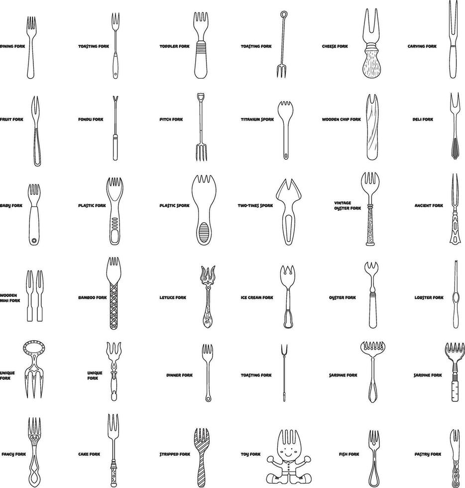 Hand drawn Kids drawing Cartoon Vector illustration Set Different Types Forks Isolated in doodle style