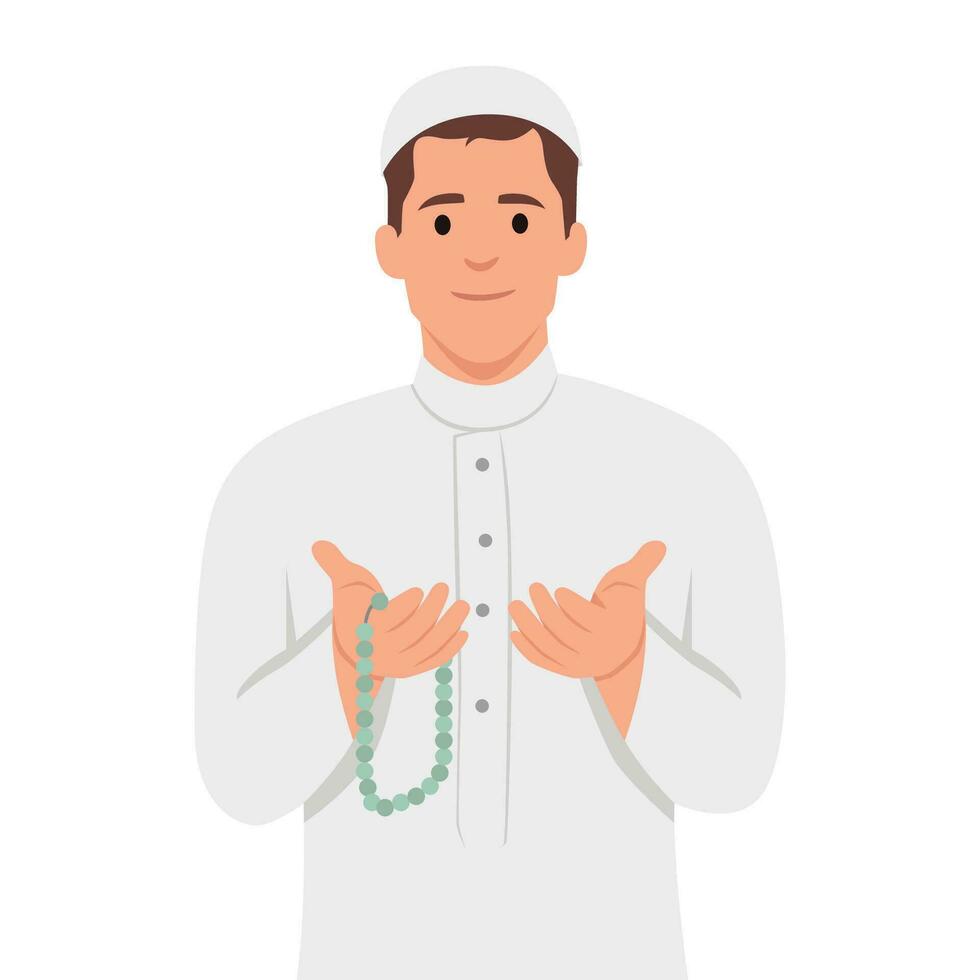 Muslim man praying while holding rosary beads. vector