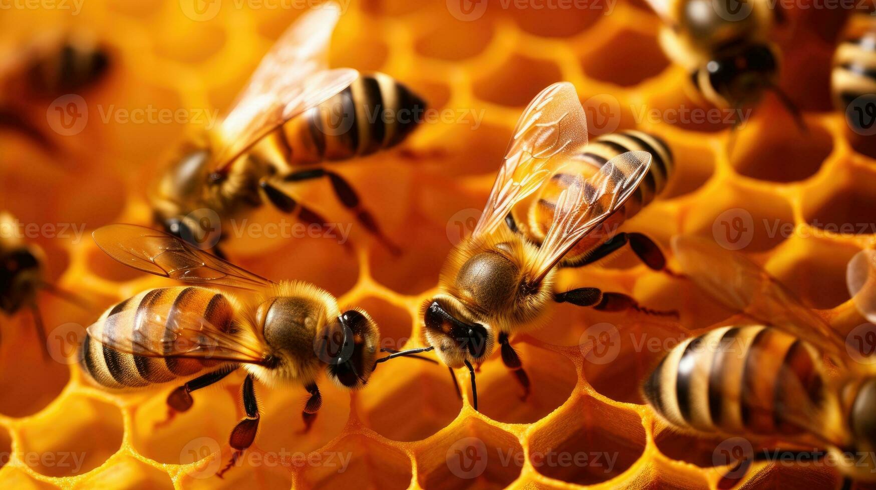 Close up view of the working bees on honey cells. Generative AI photo
