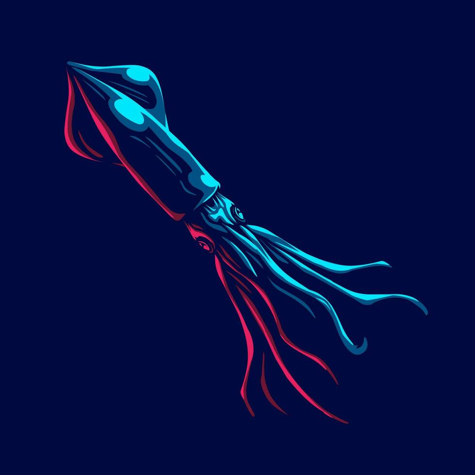 Squid logo with colorful neon line art design with dark background. Abstract underwater animal vector illustration.