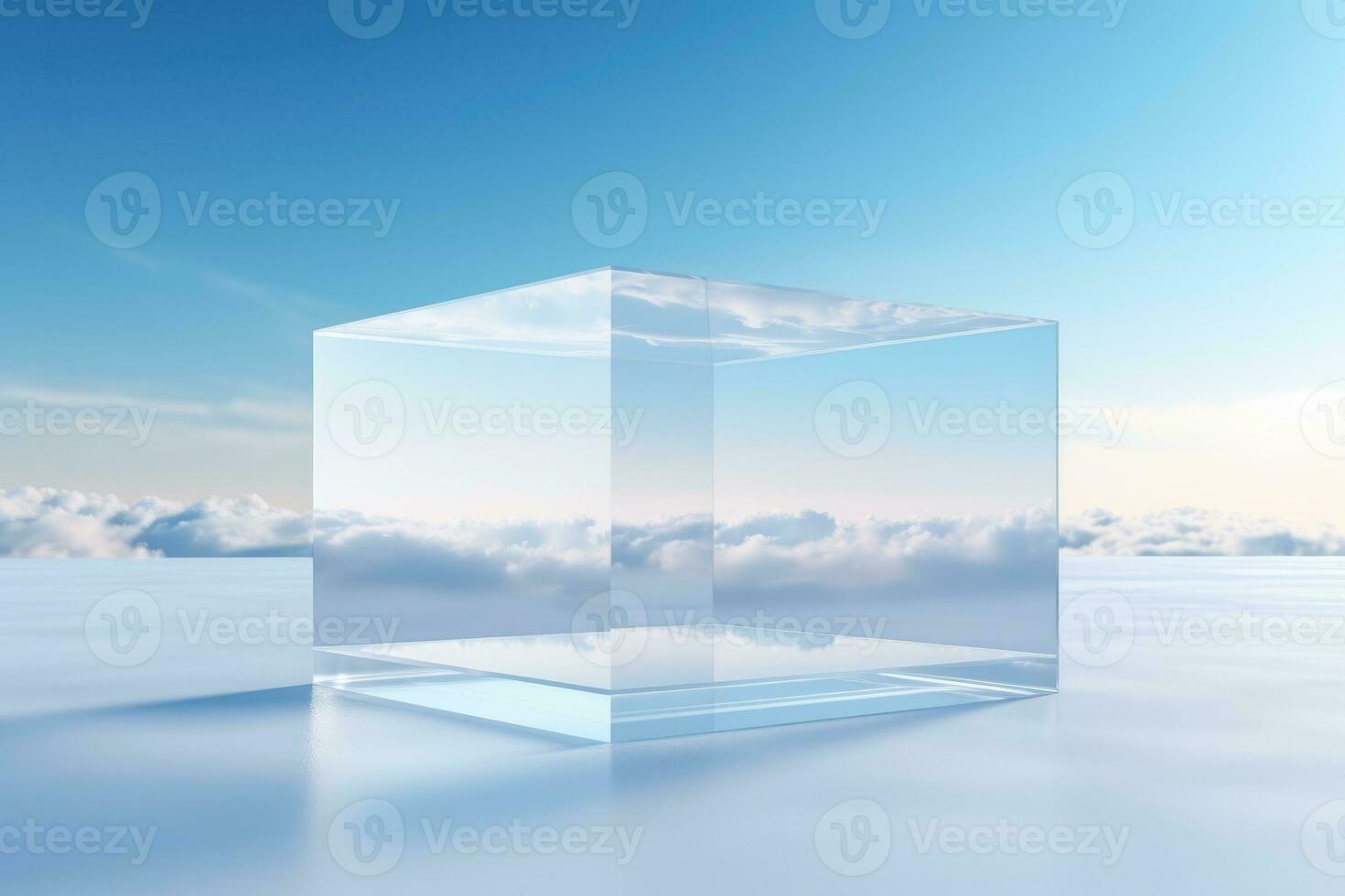 Mockup glass cube podium. Podium pedestal mock up with autumn panorama. Generative AI photo