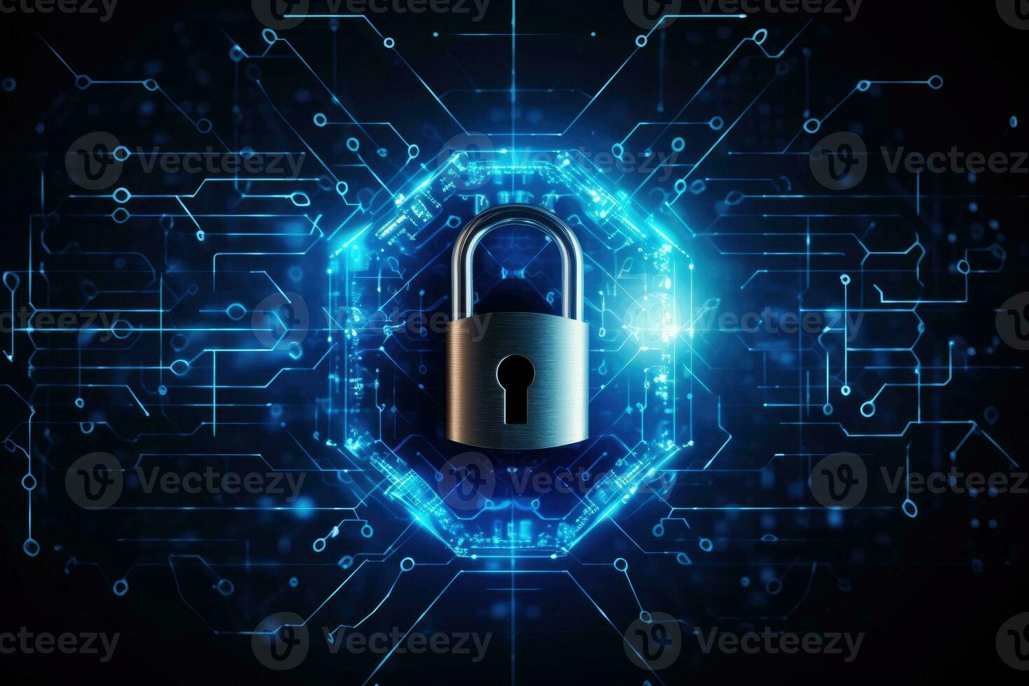 Cyber security concept. Lock and connection network symbol on blue background. Generative AI photo
