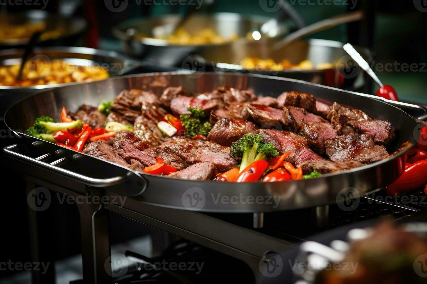 Catering buffet food indoor in restaurant with grilled meat. Generative AI photo