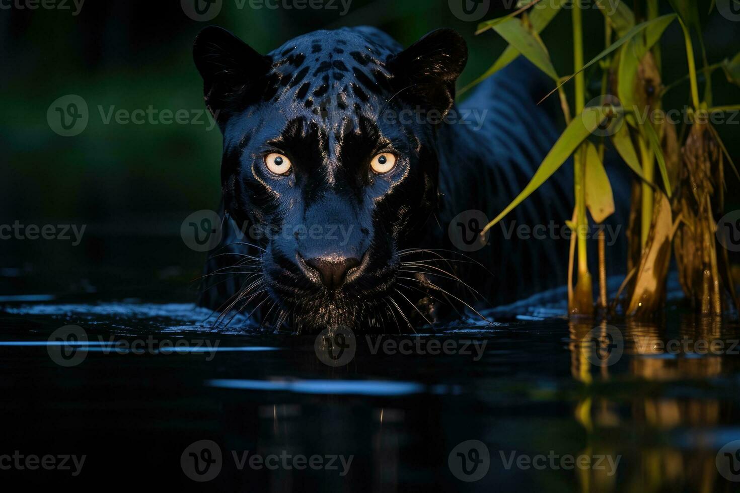 misterioso negro jaguar en el selva cruce el río. generativo ai foto