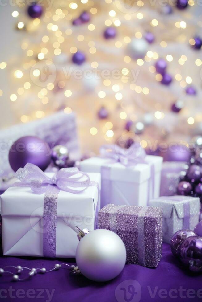 White and purple Christmas balls and Christmas gift boxes. Generative AI photo