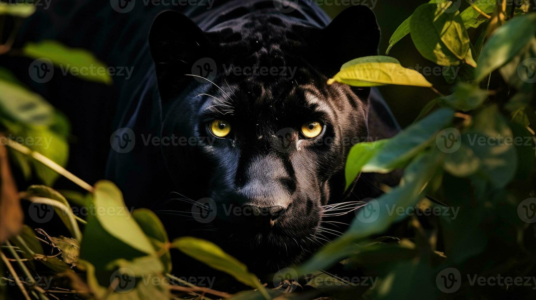Mysterious black jaguar in the jungle. Generative AI photo