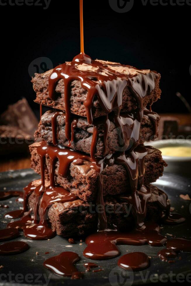 Stack of chocolate brownies with chocolate sauce. Generative AI photo