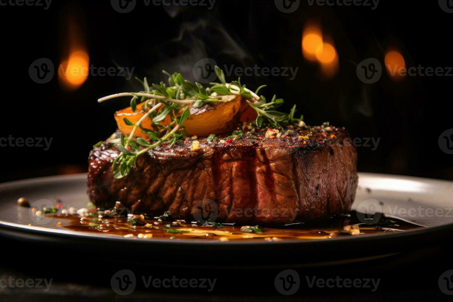Grilled meat barbecue steak with rosemary on plate. Generative AI photo