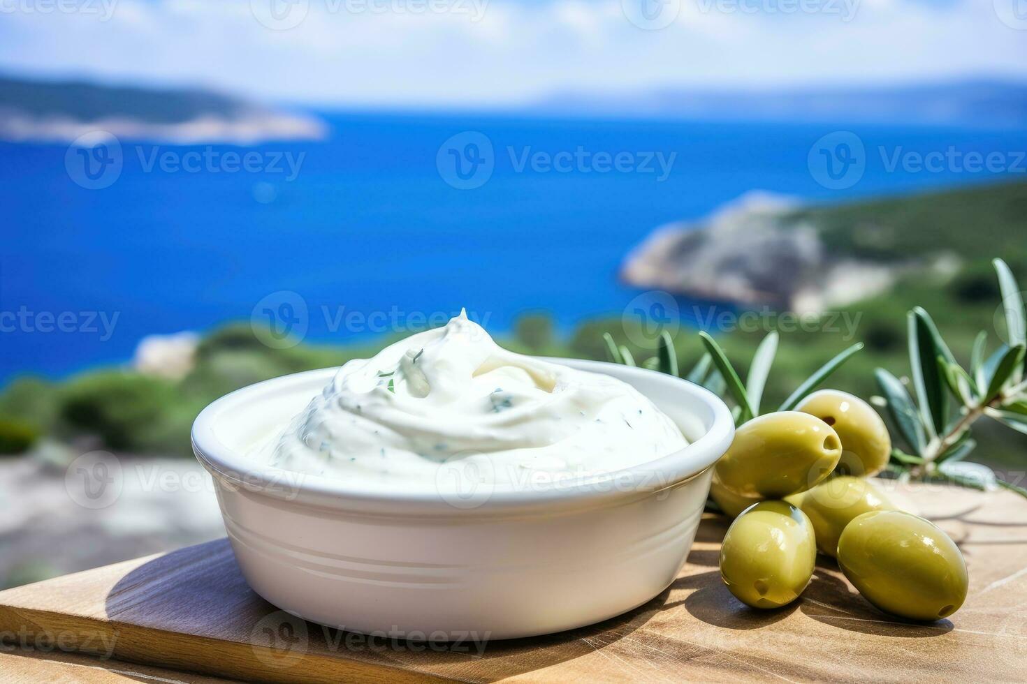 Close up view of tzatziki on Greek table, sea in background. Generative AI photo