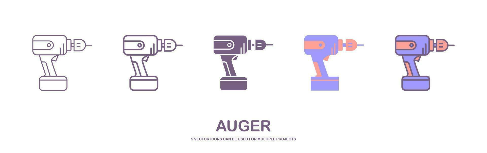 Set of hand drill icon with 5 different style. Drill machine icon for handyman concept. Household instrument in cartoon. Electric device for repairman. wimble, auger, bitbrace Vector illustration
