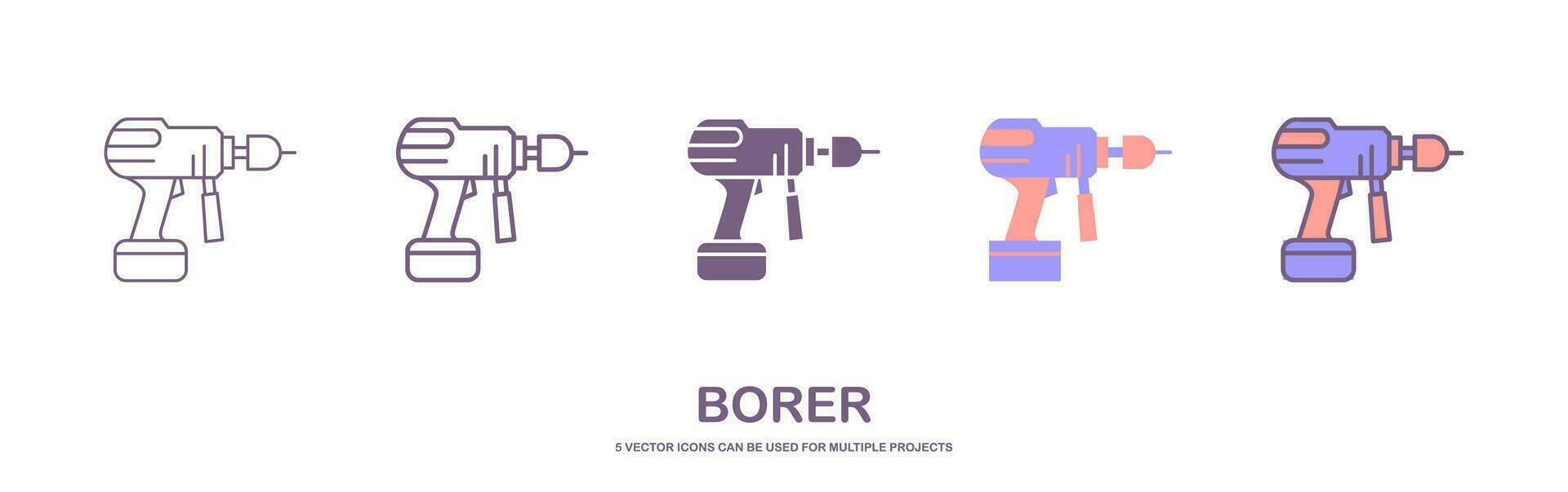 conjunto de mano perforar icono con 5 5 diferente estilo. perforar máquina icono para personal de mantenimiento concepto. casa instrumento en dibujos animados. eléctrico dispositivo para reparador. wimblar, barrena, berbiquí vector ilustración