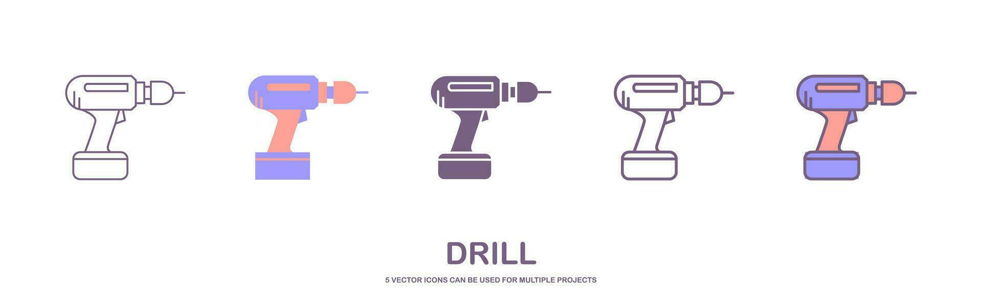 conjunto de mano perforar icono con 5 5 diferente estilo. perforar máquina icono para personal de mantenimiento concepto. casa instrumento en dibujos animados. eléctrico dispositivo para reparador. wimblar, barrena, berbiquí vector ilustración