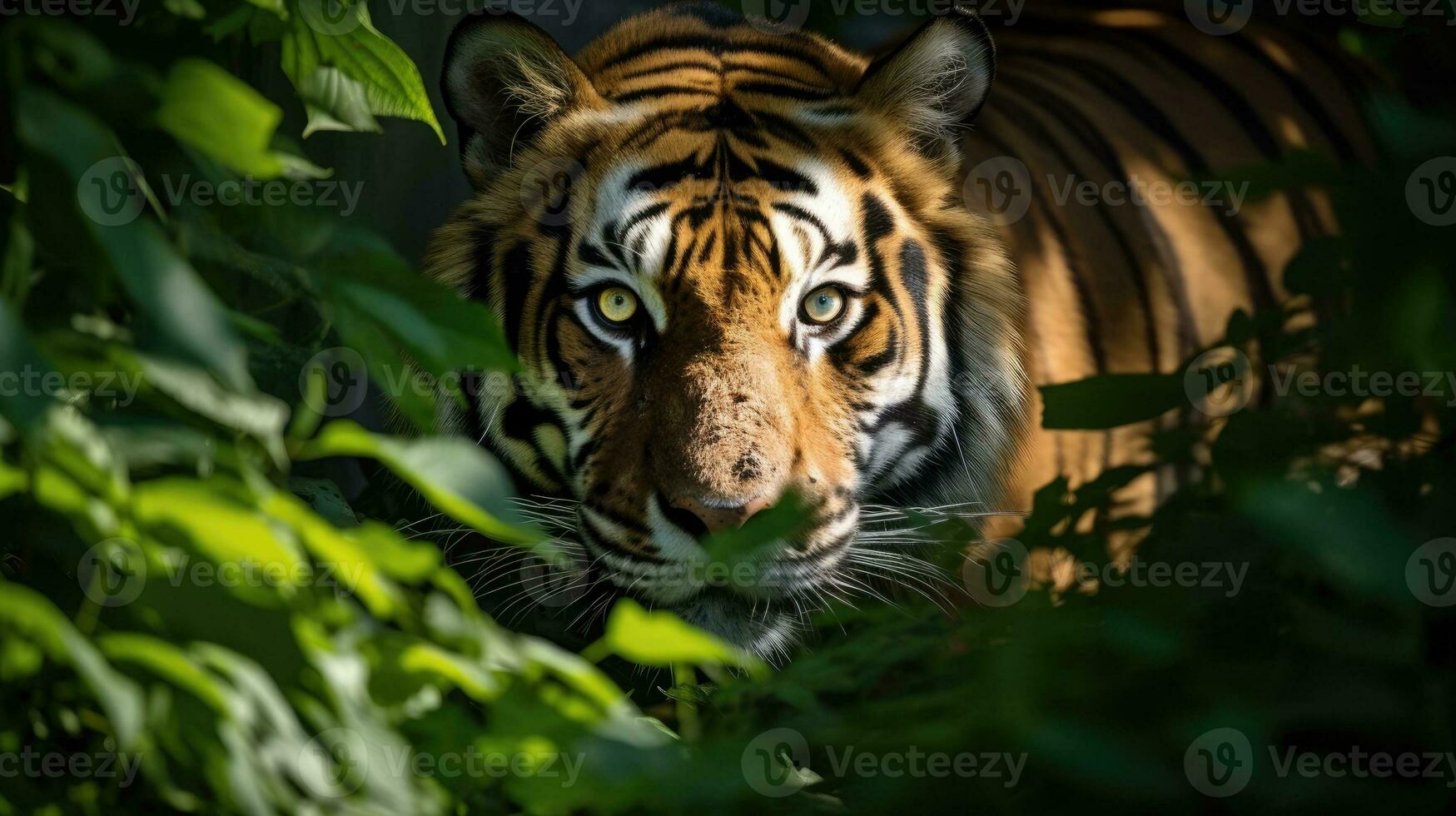 Portrait of Sumatran tiger in a jungle. Panthera tigris sumatrae. Generative AI photo