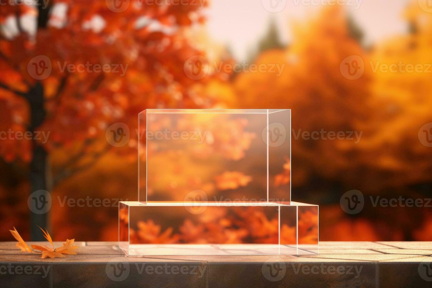 Mockup glass cube podium. Podium pedestal mock up with autumn panorama. Generative AI photo