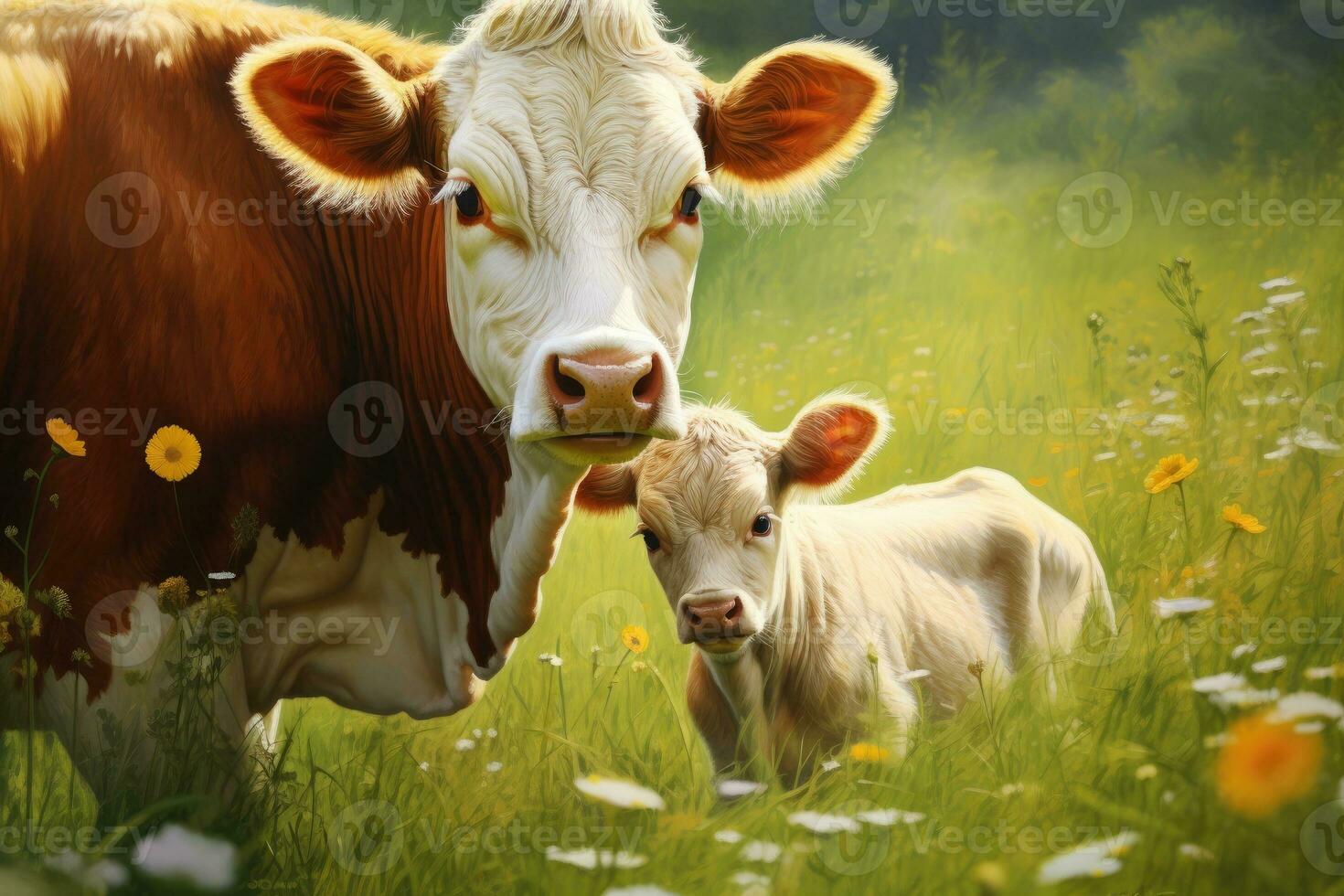 A rural scene with a cow and a calf in a green meadow. Generative AI photo