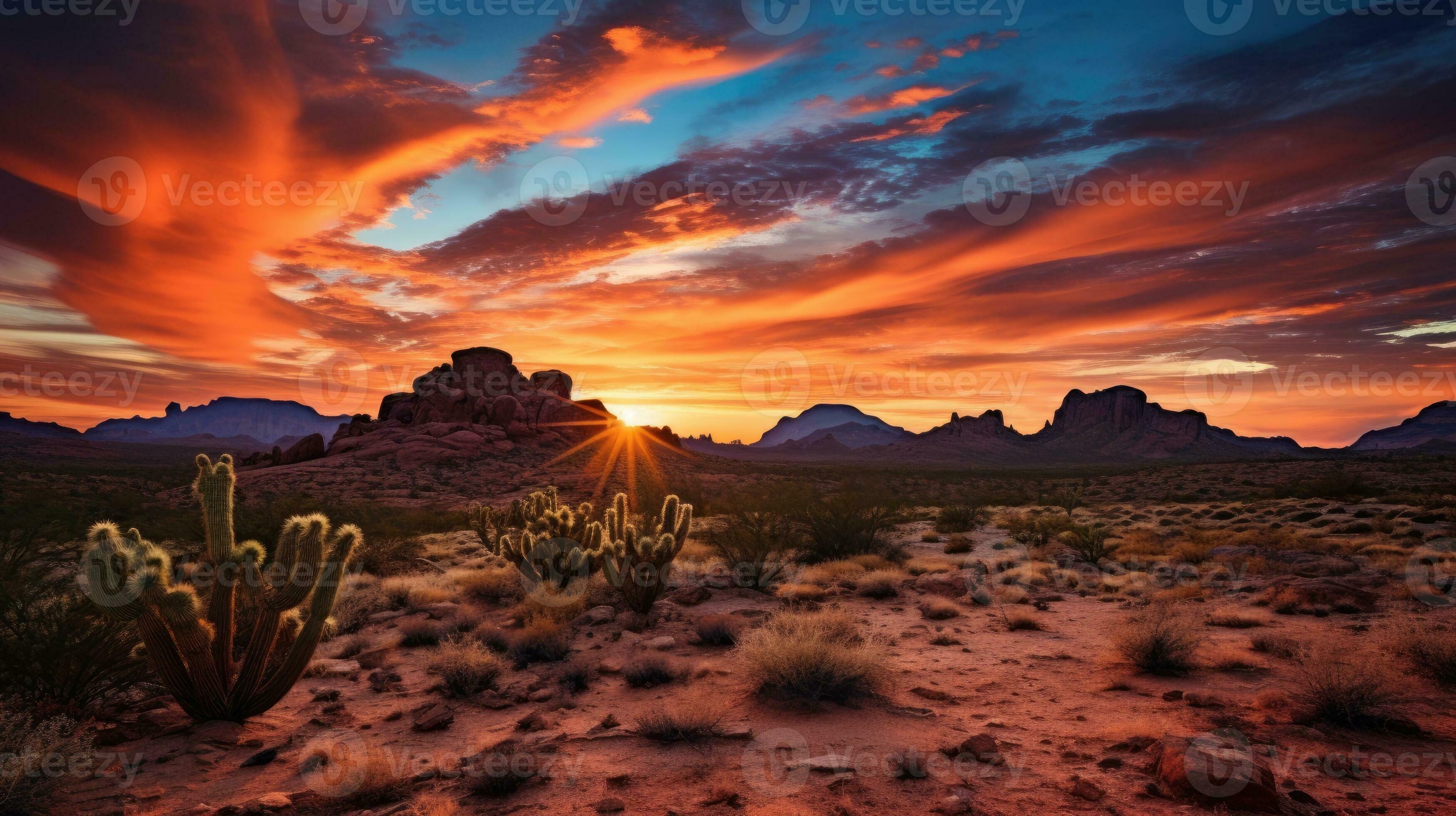 Wild West Texas desert landscape with sunset with mountains and cacti