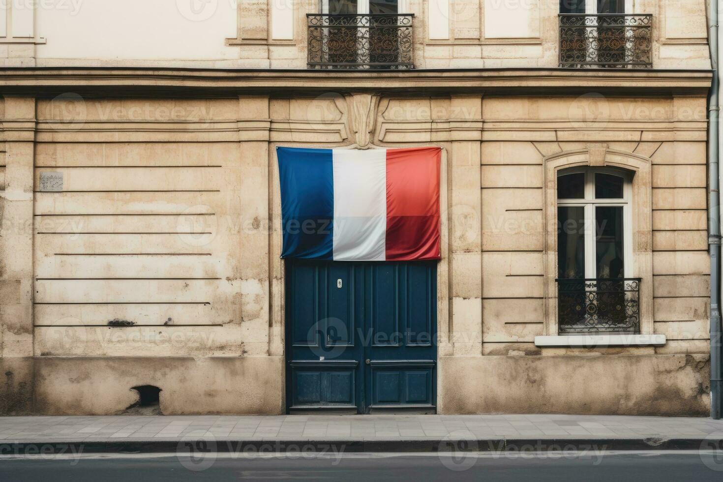 French flag on the facade of the house. Generative AI photo