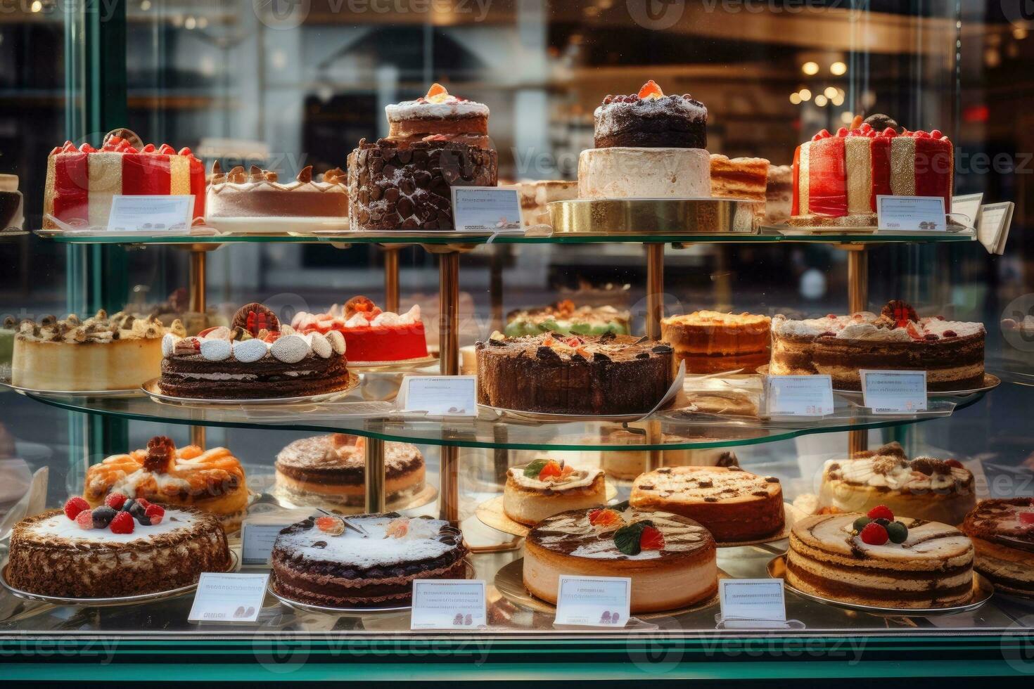 Assorted cakes in a shop window for sale. Generative AI photo