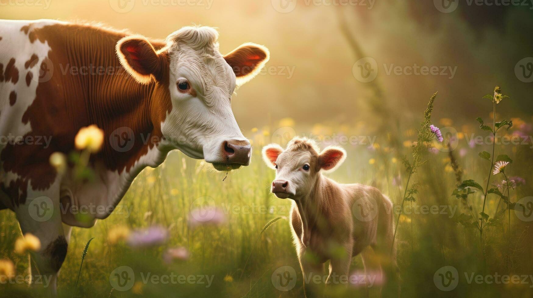 A rural scene with a cow and a calf in a green meadow. Generative AI photo