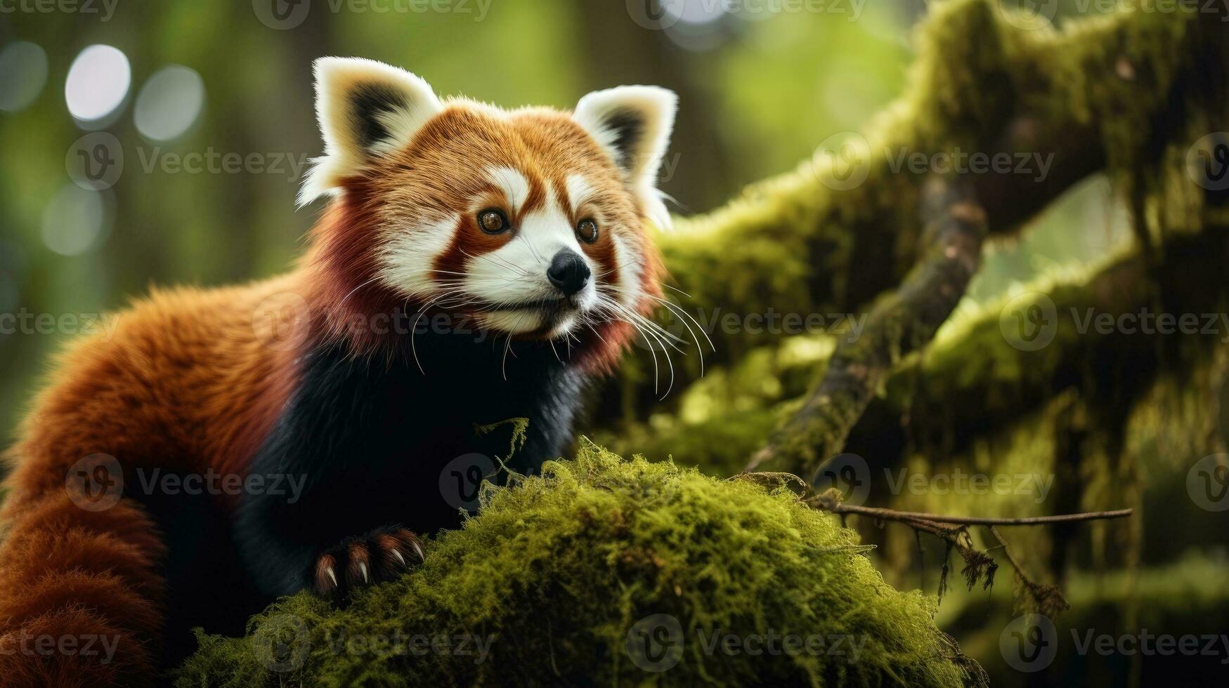 Red panda perched on a mossy branch in forest. Generative AI photo