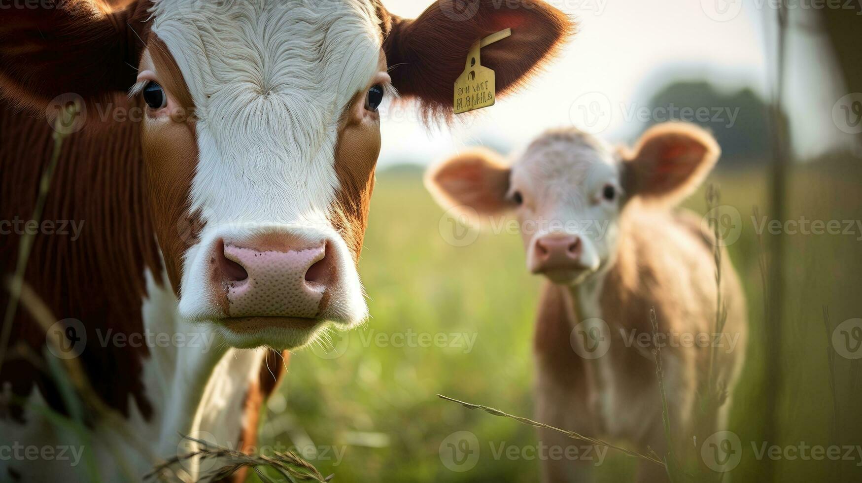 A rural scene with a cow and a calf in a green meadow. Generative AI photo