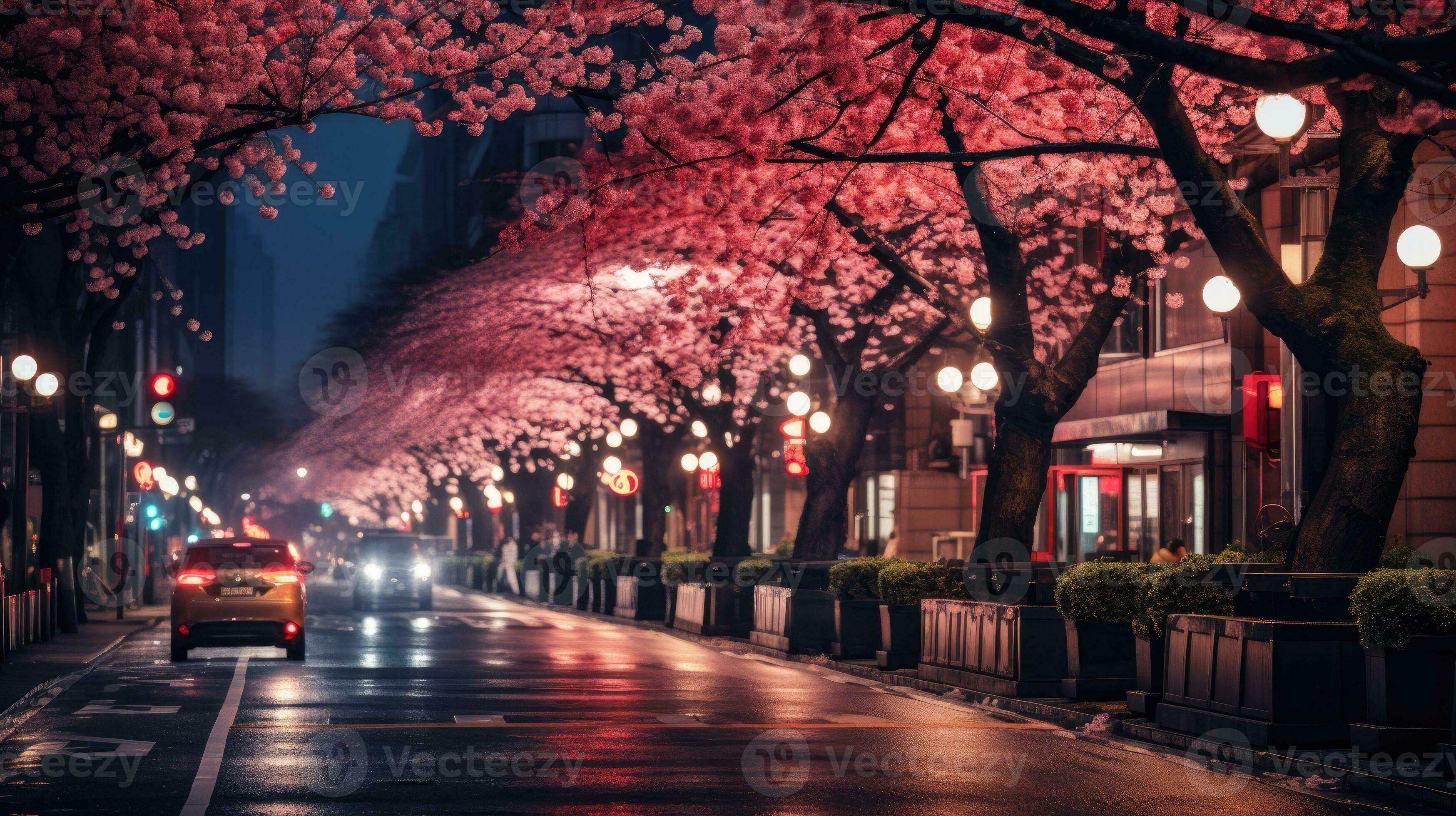 A bustling Tokyo street at night and cherry blossoms in full bloom along the avenue. Generative AI 32980394 Stock Photo at Vecteezy A bustling Tokyo street at night and cherry blossoms in full bloom along the avenue. Generative AI 32980394 Stock Photo at Vecteezy