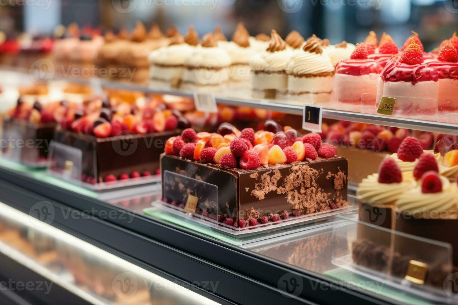 Assorted cakes in a shop window for sale. Generative AI photo