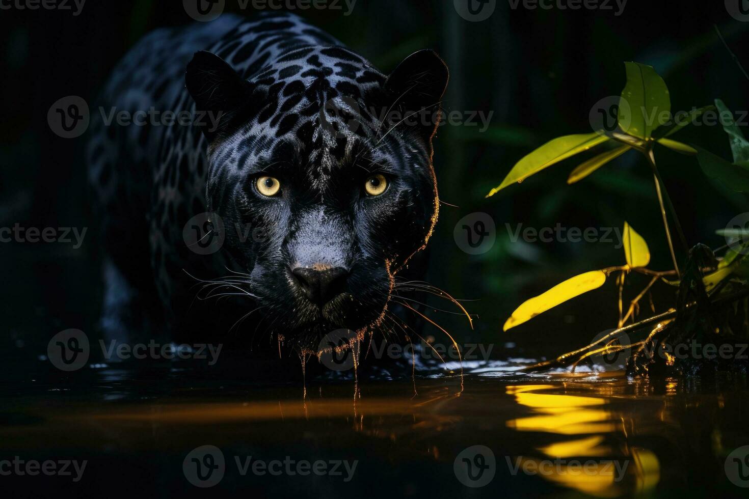 Mysterious black panther in the jungle crossing the river. Generative AI photo