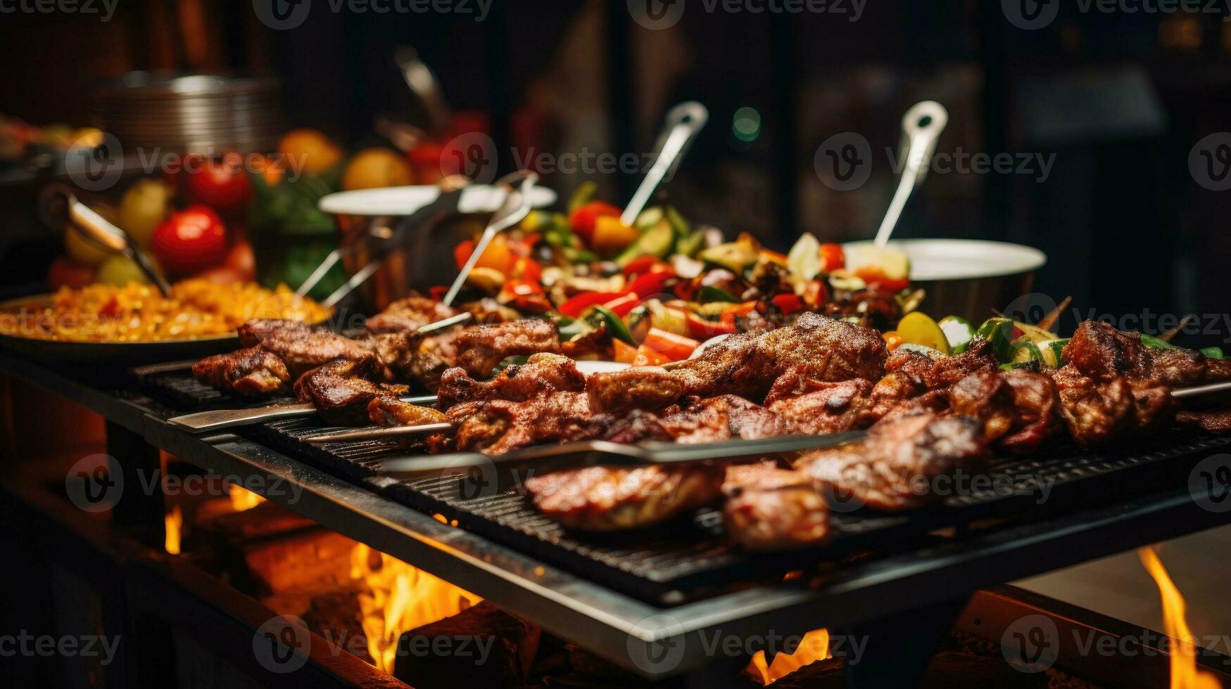 Catering buffet food indoor in restaurant with grilled meat. Generative AI photo