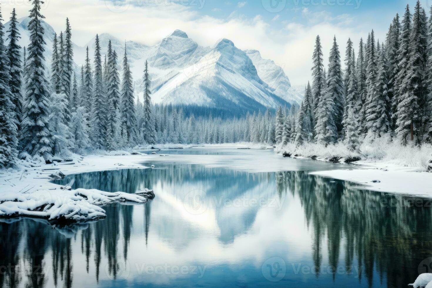 Winter landscape of snowy mountains with lake and pine trees. Generative AI photo