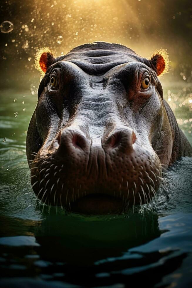 A massive hippopotamus in clear river. Generative AI photo