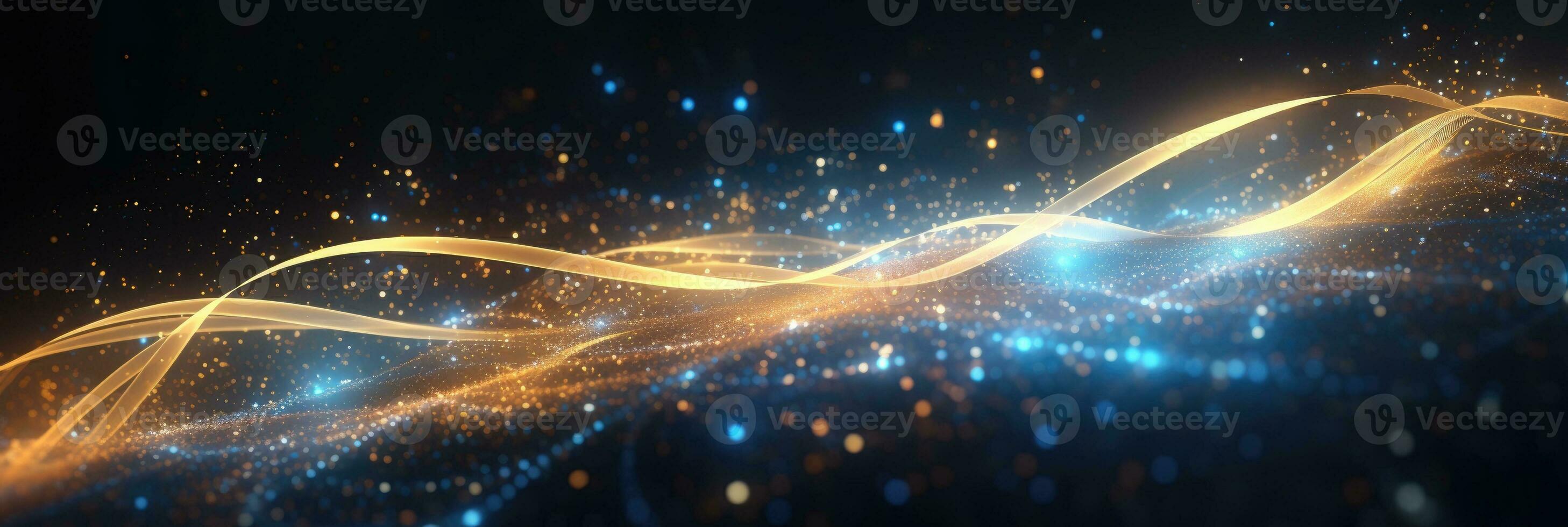 Abstract background with gold and blue glowing neon moving high speed wave lines and bokeh lights. Generative AI photo