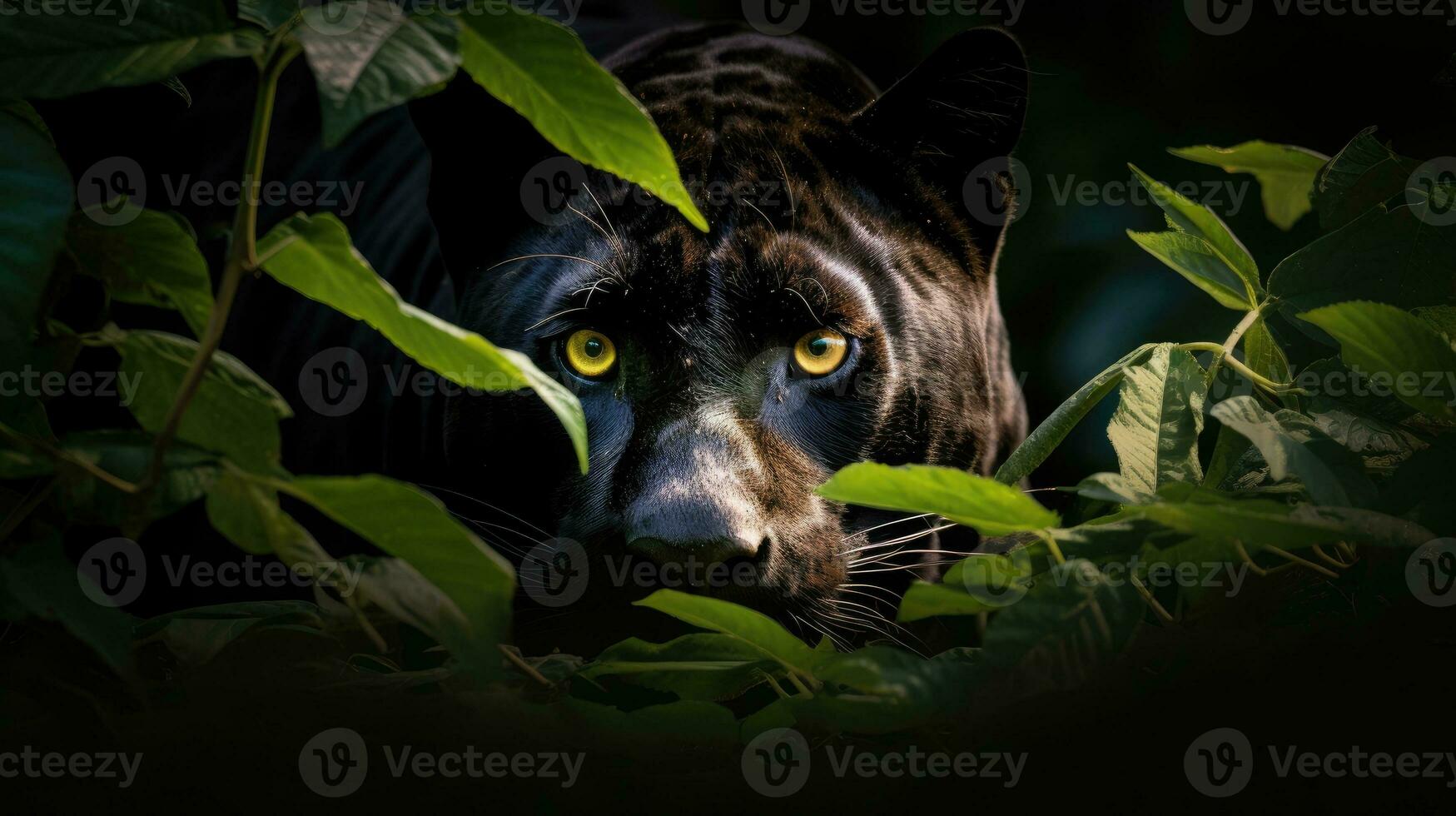 Mysterious black jaguar in the jungle. Generative AI photo